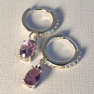NIB All 925 Sterling Silver Rose De France Amethyst Drop Hoop Leverback Earrings